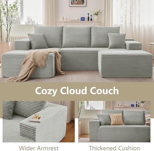 Lakifun 107" L-Shape Sofa with Ottoman, Modern Modular Sectional Comfy U-Shape Cloud Couch, Deep Seat, Upholstered Corduroy Sleeper Chaise Longue for Living Room Bedroom, No Assembly Required, Grey