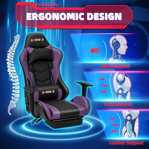 ECOTOUGE Violet Ergonomic PC Massage Gaming Chair with Footrest | Reclining Racing PU Leather, Swivel Rocker, Headrest, Lumbar Pillow, Office Desk Chair, Adjustable Height, Sturdy Base