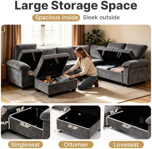 109" Sectional Sleeper 7 Sest Modular Couch Pull-Out Storage Sofa Bed | MastonHome Convertible U-Shaped Cloud Couch with Pillow Armrests, Chenille Fabric for Living Room, Apartment, Grey