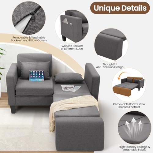 SEJOV 6-in-1 Convertible Sofa Bed, 58" Loveseat Sleeper Sofas, Gray | Pull Out Couch Bed with Removable Backrest, Storage Pockets and 2 Pillows, Modern Folding Linen Futon Couch for Small Spaces