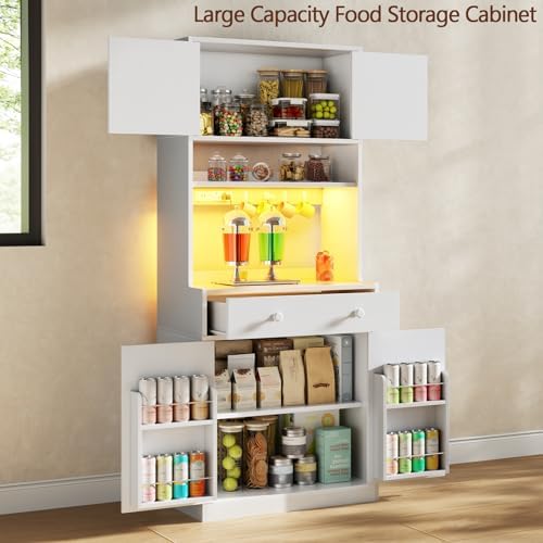 71" Tall Kitchen Pantry Cabinet with Microwave Countertop, LED Lights White | 29.5" W Wood Kitchen Hutch with Drawer, 4 Doors, Charging Station and Adjustable Shelf for Dining Room and Living Room