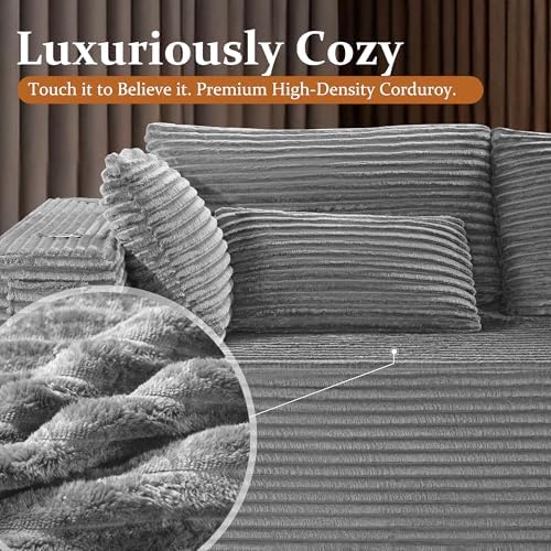 138" Oversized Cloud Sectional Couch, Comfort U Shaped Couch for Living Room, Extra Deep Seats No Assembly, Modular Sofa, Corduroy (Light Grey, 3 Seater+Right Facing Chaise+Ottoman)