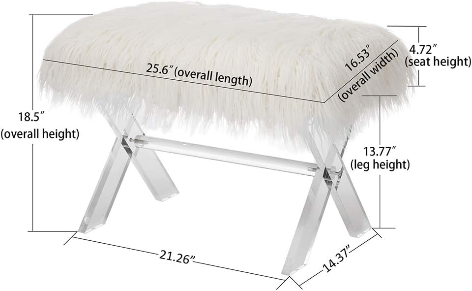 Glitzhome Ottoman Bench, White Faux Fur Ottoman Foot Rest, 25.5" L Modern Vanity Stool Chair with Acrylic Legs for Living Room Bedroom Entryway Makeup Bench End of Bed
