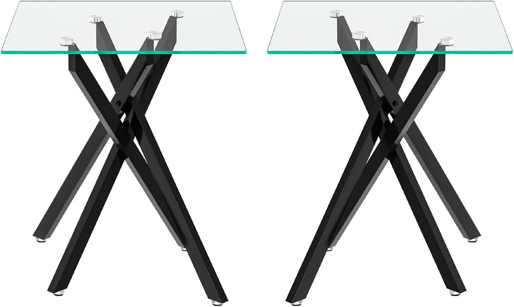 Modern Square End Table with Glass Top, Glass End Side Table for Living Room Office, 17.72 x 17.72 x 20.87 inches, Black Metal X-Base, Adjustable Feet (2, Black)