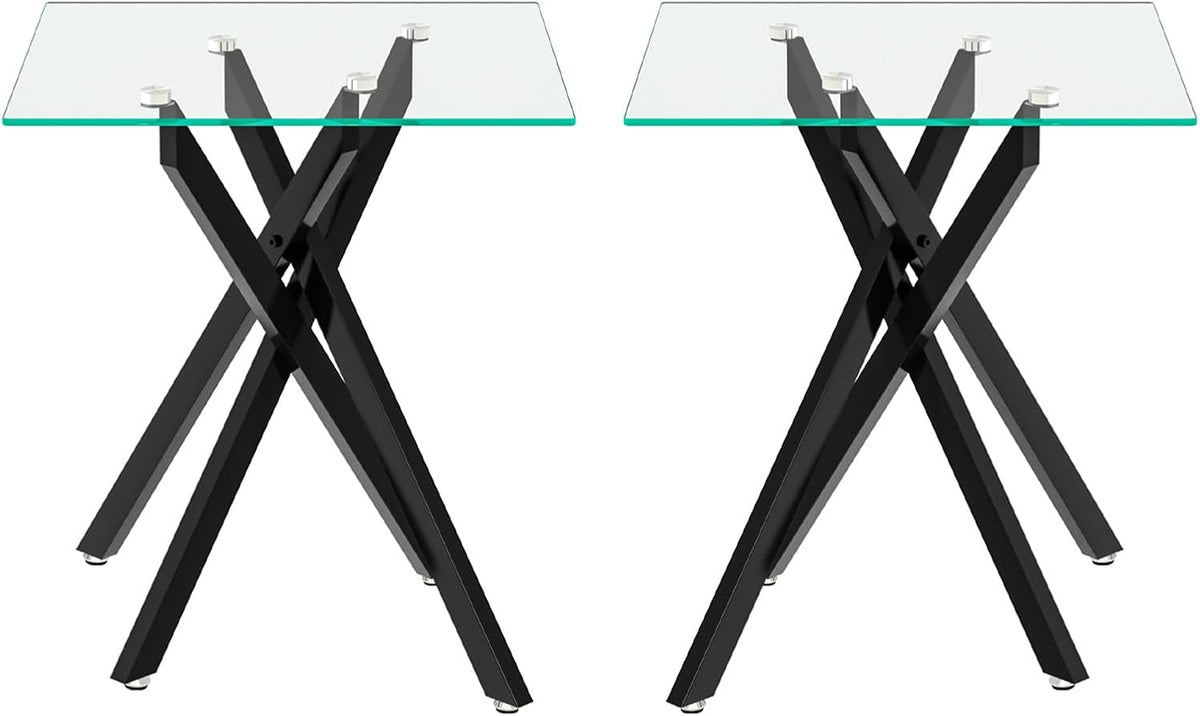 Modern Square End Table with Glass Top, Glass End Side Table for Living Room Office, 17.72 x 17.72 x 20.87 inches, Black Metal X-Base, Adjustable Feet (2, Black)