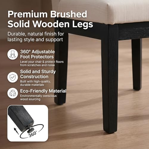 HNY Beige Linen Dining Chairs Set of 6, Soft Upholstered Dining Room Chairs | Comfortable Back Support, Black Brushed Solid Wood Legs, Modern Farmhouse Kitchen Chairs for Living Room, Home, Apartment