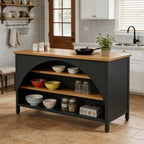 Kitchen Island with Open Shelves, Black and Natural Wood Top | 3-Tier Storage, Arched Side Panels, 55.12" x 31.5" Top, Metal Frame Base, Freestanding Design
