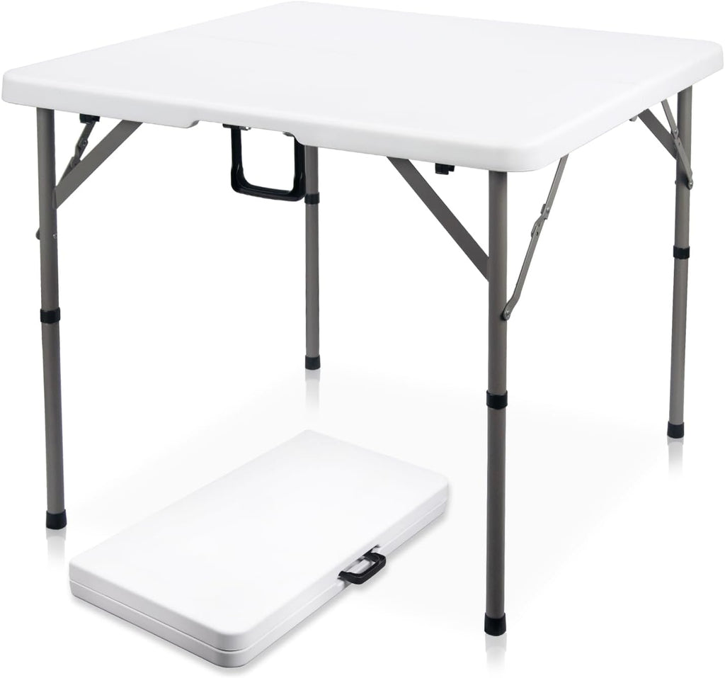 34" Square Folding Card Table,Fold-in-Half Utility Portable Table,White | Heavy Duty HDPE Tabletop,Carrying Handle,Removable Legs with Two Height,Indoor Outdoor for Picnic,Camping,Party,Game