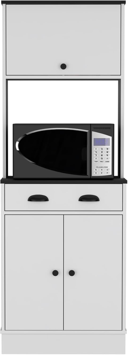 Apex Kitchen Pantry 66.3" H with Drawer, 2 Cabinets, and Microwave Stand, White/Black
