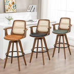 Mid Century Counter Stools, 26.3" Kitchen Island Stools with Curved Back | 360° Swivel, Ergonomic Rattan Back, Walnut Bentwood Frame, Natural Wood Legs, Faux Leather Upholstered for Kitchen, Island