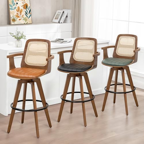 Mid Century Counter Stools, 26.3" Kitchen Island Stools with Curved Back | 360° Swivel, Ergonomic Rattan Back, Walnut Bentwood Frame, Natural Wood Legs, Faux Leather Upholstered for Kitchen, Island
