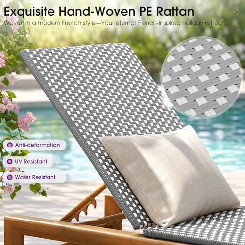 PURPLE LEAF Extra Wide French PE Rattan Patio Chaise Lounge Set of 2, Grey | Extra Wide Fits Heavier Users, Fade-proof Wicker, Matte Teak Wood-Grain Rustproof Aluminum, 5 Recline, Non-Slip Pads, 440 lbs