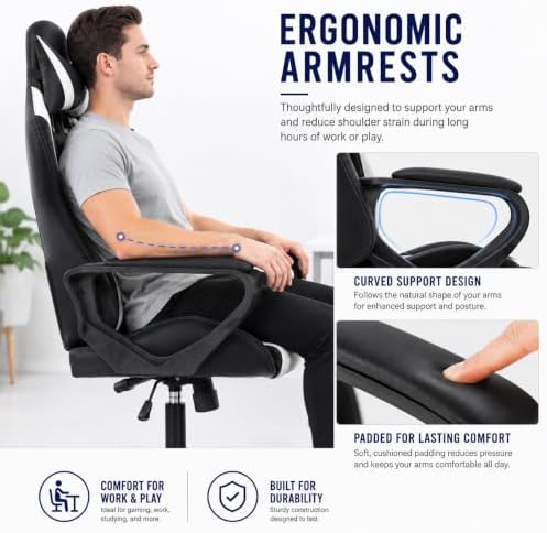 BestOffice High-Back Gaming Chair PC Office Chair Computer Racing Chair PU Desk Task Chair Ergonomic Executive Swivel Rolling Chair with Lumbar Support for Back Pain Women, Men,White