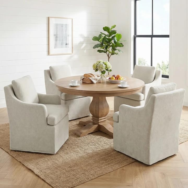 VKNOW Upholstered Dining Chairs Set of 6, Modern Kitchen Chairs Dinner Chairs with 4 Casters, Chenille Armchair for Bedroom Reading Room Living Room, Beige