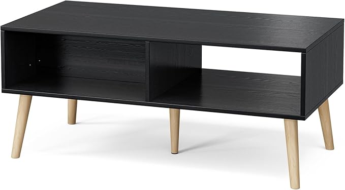 Wood Coffee Table with Storage, Boho Dining Table with Sliding Rattan Door Panel and Solid Wood Legs, Small Coffee Tables for Living Room, Oak (Black_LSJ007)