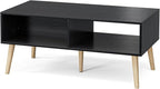 Wood Coffee Table with Storage, Boho Dining Table with Sliding Rattan Door Panel and Solid Wood Legs, Small Coffee Tables for Living Room, Oak (Black_LSJ007)