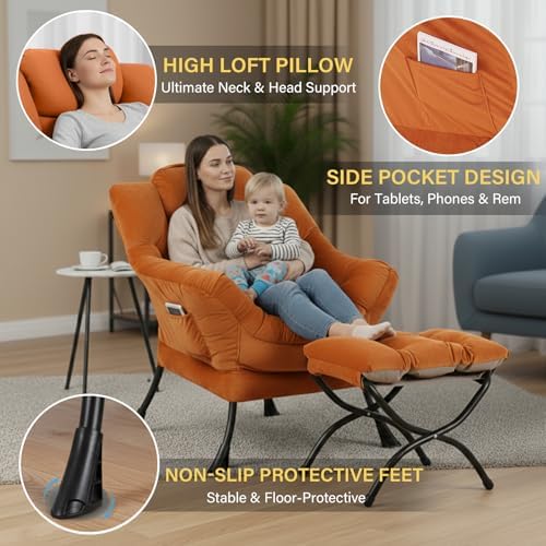 Lazy Chair with Ottoman,Comfy Accent Living Room Chair with Footrest Set | Removable & Machine-washable Cover,Reading Chair with Armrests,Upholstered Lounge Chair for Bedroom,Dorm,Office,Small Space