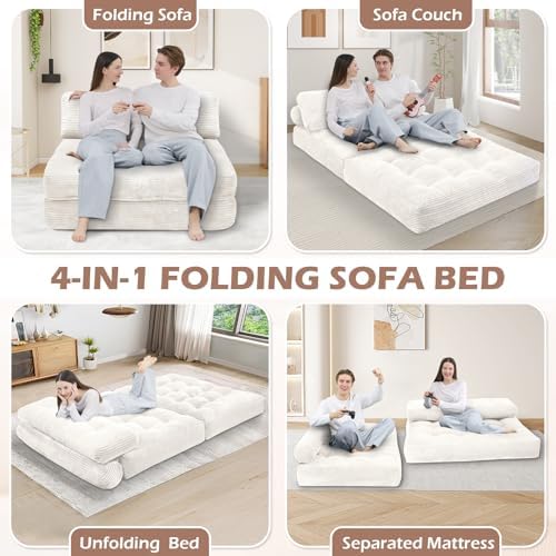 Folding Sofa Bed, Convertible Sleeper Chair with Pillow & Handle, Foldable Mattress Futon Chair Bed Lounge with Back Support, Comfy Floor Sofa for Living Room Bedroom, Beige, Full