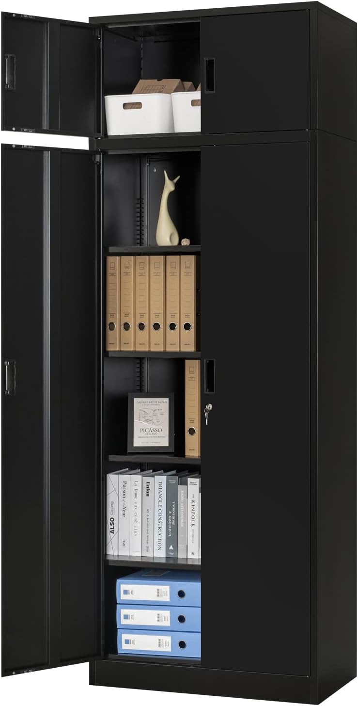 BESFUR 87" Tall Metal Storage Cabinet with Top Cabinet, Locking Garage Storage Cabinet with 4 Adjustable Shelves, Heavy-Duty Tall Cabinet for Home Office, Utility Room, Warehouse, School (Black)