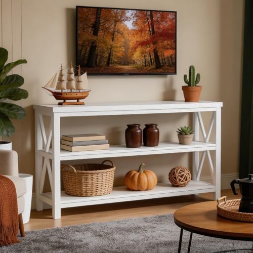 FATORRI Console Table for Entryway, Long Sofa Table with 3 Tier Shelves, Modern White Hallway Tables for Living Room (55 Inch, White Oak)