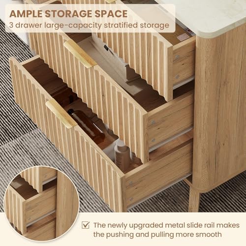 24" Tall 3 Drawers Fluted NightStand with Faux Marble Top,Natural Oak