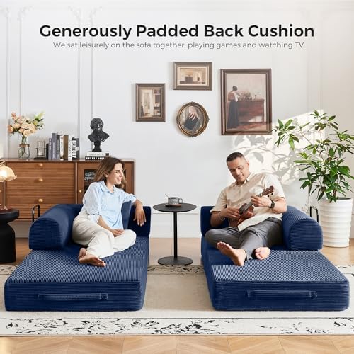 79" Convertible Sofa Bed, Couches for Living Room | Navy Blue | Corduroy Futon Sofa Bed with Pocket Springs, Modular Sleeper Couch in a Box, No Assembly