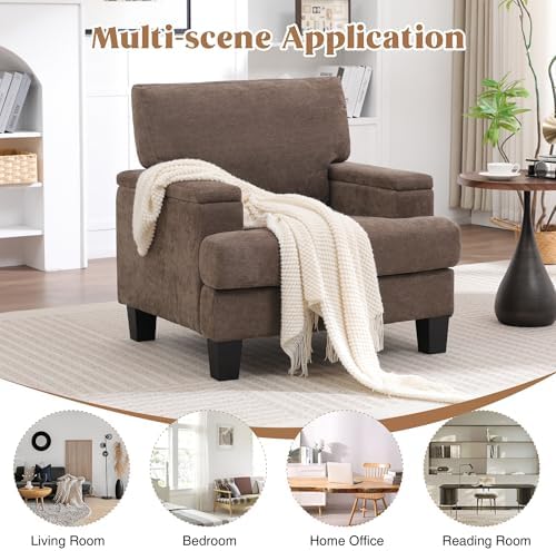 Modern Upholstered Living Room Chairs, Accent Chair with Storage Armrest, Comfy Large Armchair, Fabric Single Sofa ReadingChair for Bedroom, Dark Brown