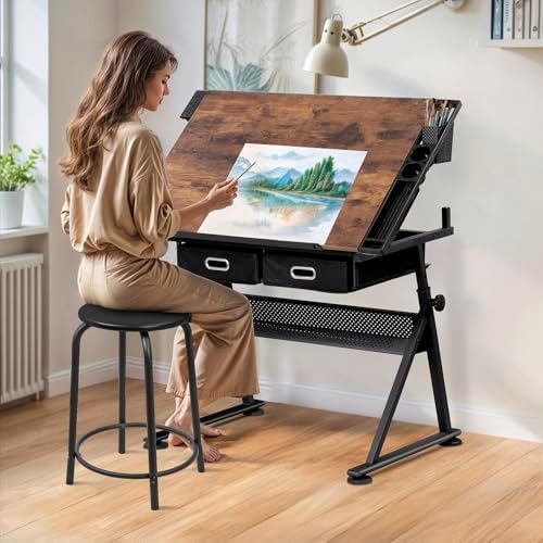 SUPER DEAL Drafting Table Set with Charging Station, Height Adjustable Tilting Drawing Desk Artist Desk with Stool Multifunctional Art Craft Workstation with 2 Storage Drawers for Home Office School