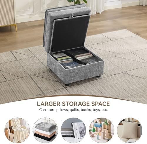 27" Large Square Ottoman with Storage, Modern Upholstered Footrest with Anti-Slip Legs for Couch Coffee Table Living Room, Bedroom, Entryway, Chenille Light Grey