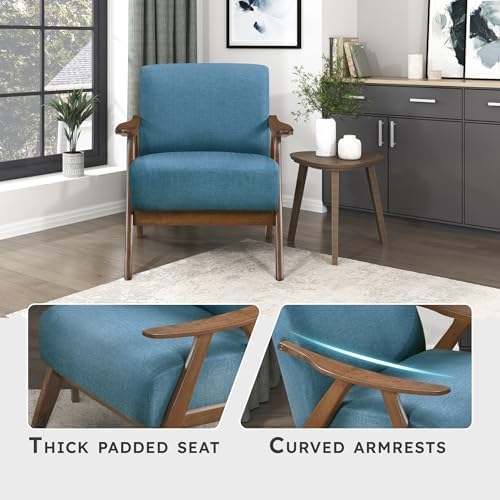 Lexicon Mid Century Modern Accent Chair with Solid Wood Frame in Walnut Finish, Upholstered Living Room Lounge Arm Chair, Thick and Comfy Innerspring Seat Cushion, Linen-Look Fabric, Blue | Upholstered Living Room Lounge Arm Chair, Thick and Comfy