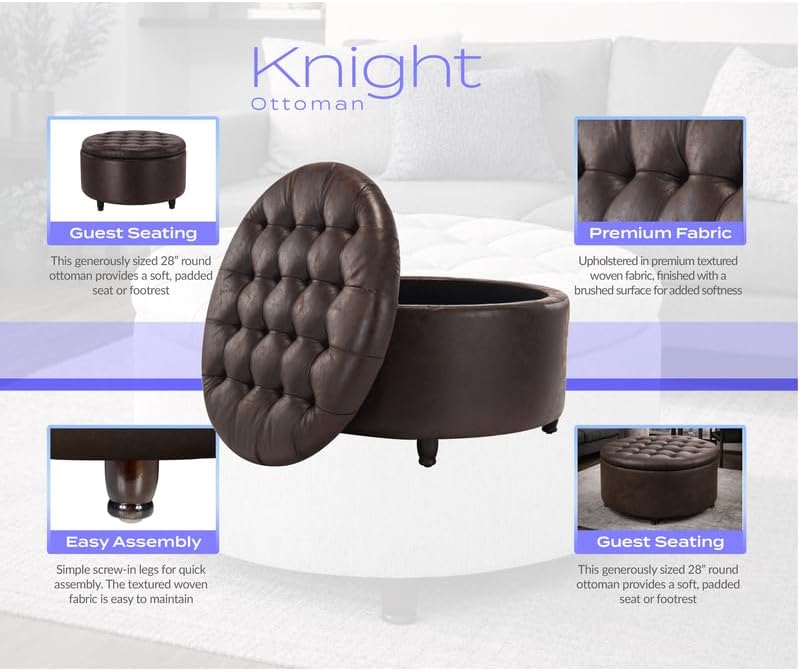 Niche Knight 28-Inch Large Round Pintucked Storage Ottoman with Lift-Off Lid, Tufted Faux Leather Accent Footrest for Living Room, Bedroom, Entryway, Hidden Storage – Brown Faux Leather