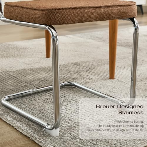 Rattan Back Linen Dining Chair Set of 4 Modern Breuer Designed Stainless Chrome Base Armless Upholstered Dining Chair for Dining Room, Kitchen Island(Coffee)