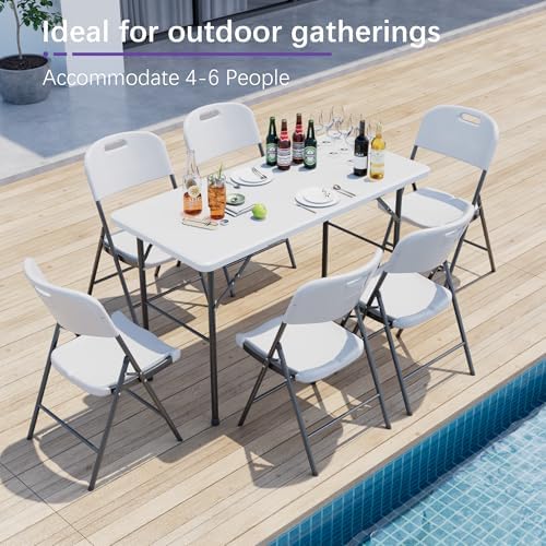 VECELO Folding Table 4 Foot with Mesh Bag, Indoor Outdoor Heavy-Duty Portable w/Handle,Fold-in-Half for Picnic, Party, Camping, White