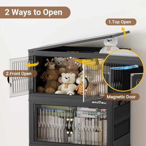 BROVIEW 320Qt Stackable Storage Bins with Lid, Extra Large Closet Organizer Collapsible Drawer Boxes with Wheels, Folding Plastic Cabinet Containers for Home Kitchen Room Organization, 4Pack Black