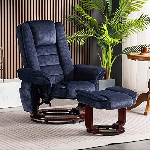 MCombo Swivel Recliner with Ottoman Chair, TV Chair Sets with Vibration Massage, for Small Space Living Room Bedroom 9096 9099 (Textile, Blue)