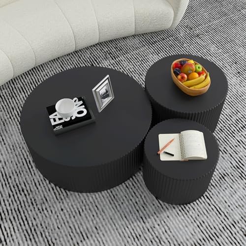 WILLIAMSPACE Black Round Coffee Table Set of 3, Modern Circle Wood Coffee Table Set, 3 Peice Nesting Coffee Accent Side Table End Table for Home Office, No Assembly (3 PCS, Black)