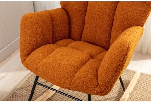 Rocking Chair, Upholstered Teddy Fabric Glider Chair, Lounge Accent Armchair with High Backrest and Thick Cushion, Accent Rocking Chairs for Living Room, Bedroom, Orange