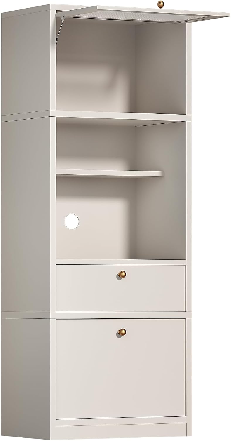 71" Tall Pantry Cabinet, Freestanding Storage Cabinet with Doors and Adjustable Shelves, Drawer & Anti-Tip Kit, E1-Grade Wood, Warm White for Kitchen Pantry Bathroom Storage