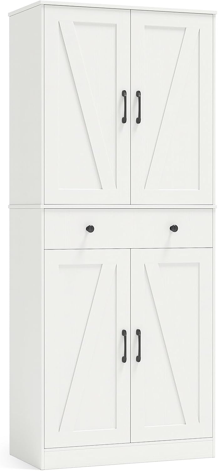GOFLAME 72” Tall Pantry, Modern Farmhouse Cupboard Cabinet with 4 Barn Doors, Storage Drawer & 3 Adjustable Shelves, Versatile Storage with Anti-TIPP Kits for Living Room, Dining Room, White