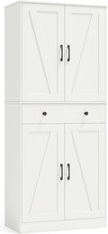 GOFLAME 72” Tall Pantry, Modern Farmhouse Cupboard Cabinet with 4 Barn Doors, Storage Drawer & 3 Adjustable Shelves, Versatile Storage with Anti-TIPP Kits for Living Room, Dining Room, White