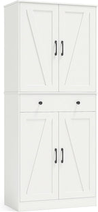 GOFLAME 72” Tall Pantry, Modern Farmhouse Cupboard Cabinet with 4 Barn Doors, Storage Drawer & 3 Adjustable Shelves, Versatile Storage with Anti-TIPP Kits for Living Room, Dining Room, White