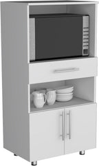 Kitchen Pantry 48" H, Two Open Storage Shelves, One for Microwave, Two Doors, Four Legs, White