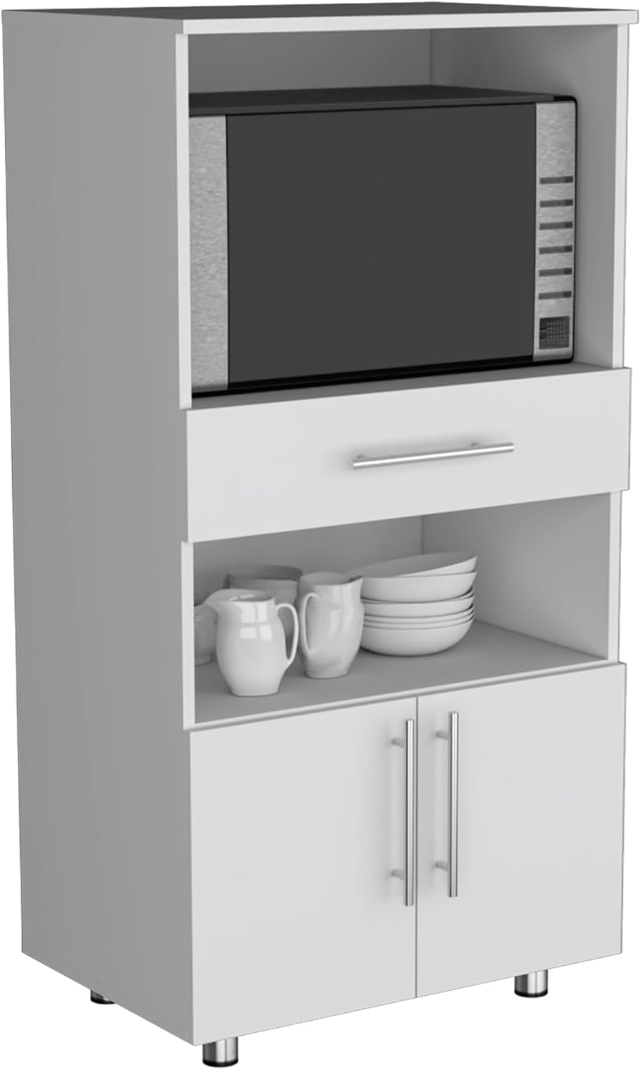 Kitchen Pantry 48" H, Two Open Storage Shelves, One for Microwave, Two Doors, Four Legs, White