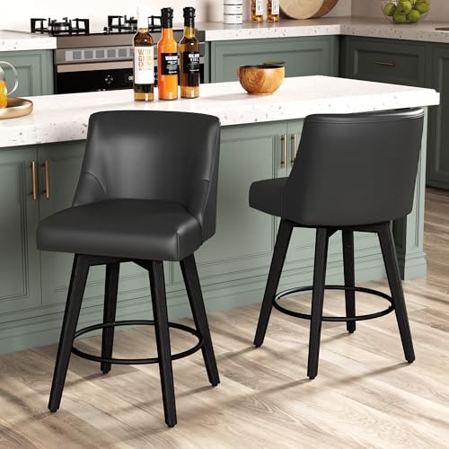 26" Counter Height Swivel Bar Stools, Set of 4, Black Grey | Faux Leather Upholstered Counter Barstools with Backs, Solid Wood Legs for Kitchen Island, Home Bar Chairs
