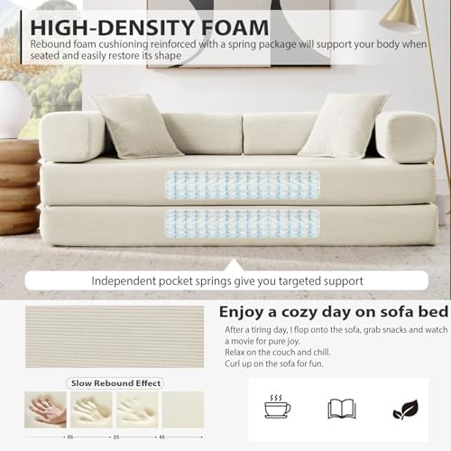 4-in-1 Folding Convertible Sofa Bed, 78 Inch Couch with Fixed-Shape Frame, Corduroy Loveseat Sleeper with Pull Out Bed, Floor Sofa Modular Futon Couch for Living Room Bedroom Lounge (Beige)