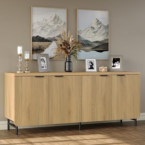 Furniouse Buffet Cabinet with Storage 66.2''W Modern Sideboard with 4 Fluted Doors & Shelves Wood Kitchen Buffet Table Fluted Cabinet for Living Room, Natural Oak