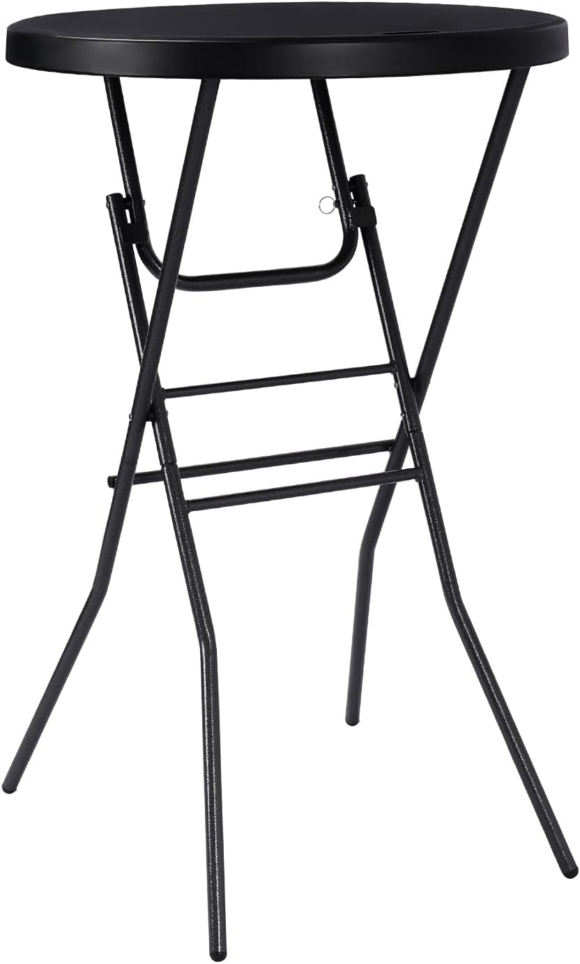 pollilar Cocktail Table 28in Portable Folding Bar Height Table, Compact Round High Top Plastic & Steel Bistro with Removable Legs, Indoor Outdoor RV Patio Catering Parties Commercial Events-Black