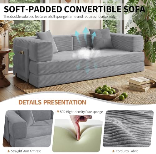 78.8" Couch for Living Room, Futon Sleeper Sofa Bed | Convertible Sofa Bed, Corduroy Pull Out Couch Loveseat with Storage Pocket, Modular Design, No Assembly, Grey