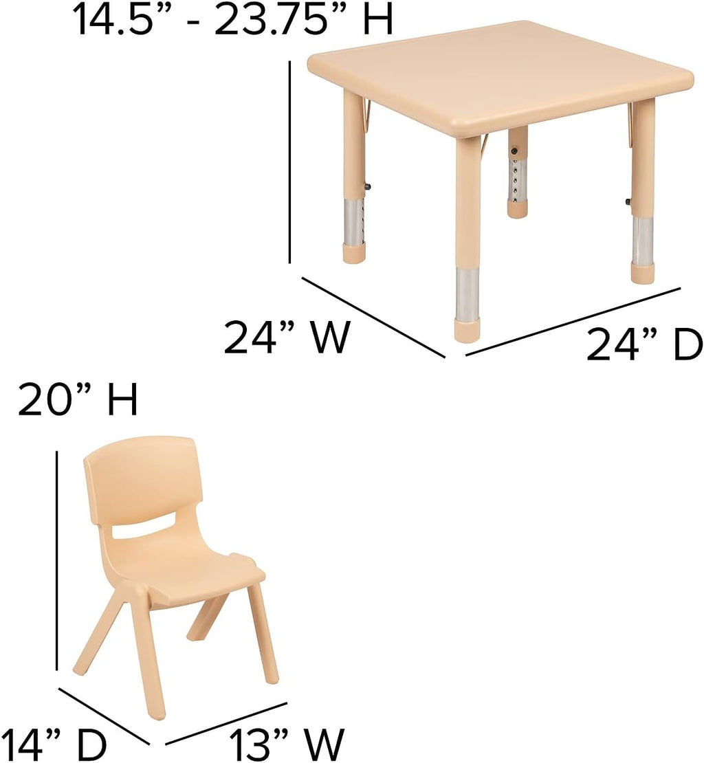 Flash Furniture 24 in Plastic Square Activity Table with 4 Chairs, Natural | Height Adjustable Table, Plastic, Durable Construction, Commercial Use