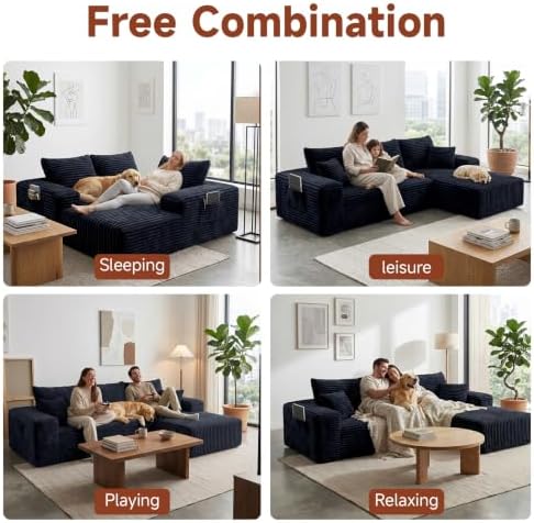 Couch ≈105" L-Shaped Sofa, Modular Sofa in Living Room Comfy Corduroy Fluffy Couch with Deep Seat and Side Pockets, Flexible Module Combination for Living Room (Black, 105IN)